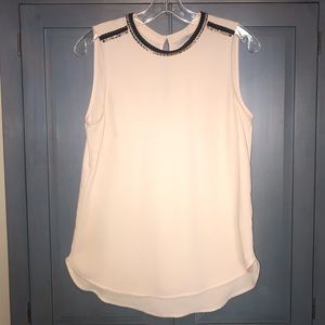 Cream Sleeveless Blouse w/ Leather & Beaded Collar